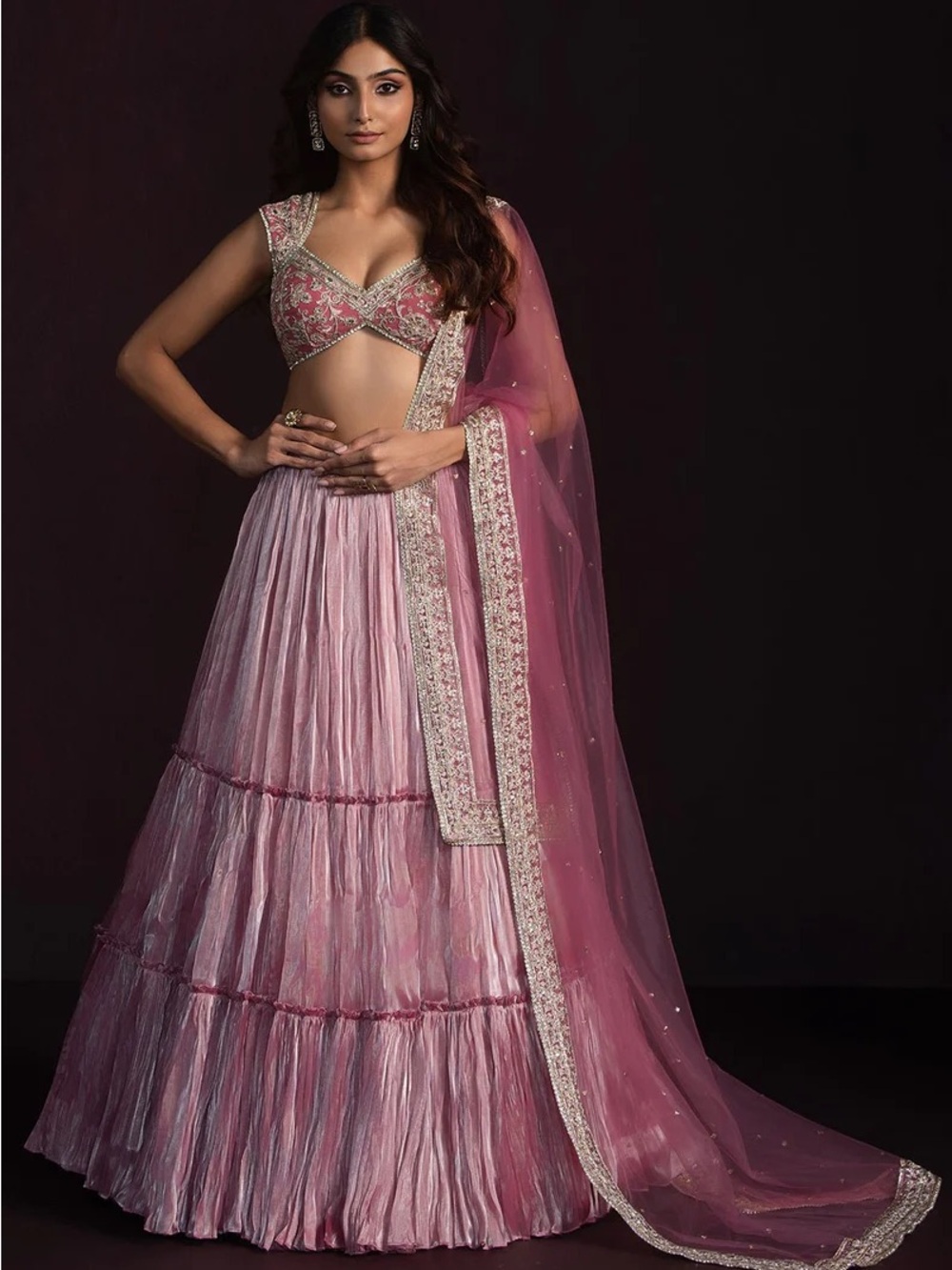 Lashkaraa Dusty Pink Embroidered Organza Lehenga Net Dupatta Size S